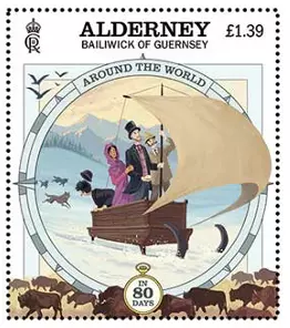 Timbres Alderney 2023 Jules Verne Tour du monde en 80 jours Char à voile