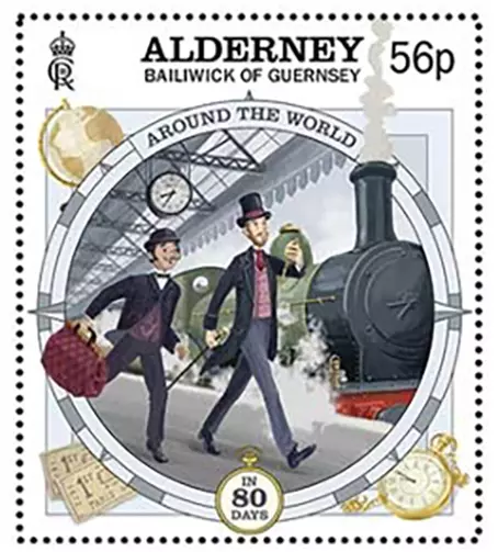 Timbres Alderney 2023 Jules Verne Tour du monde en 80 jours départ