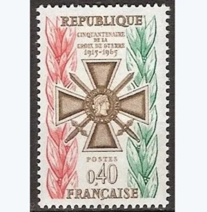 Timbre français 1965 Cinquantenaire Croix de guerre YT 1452**